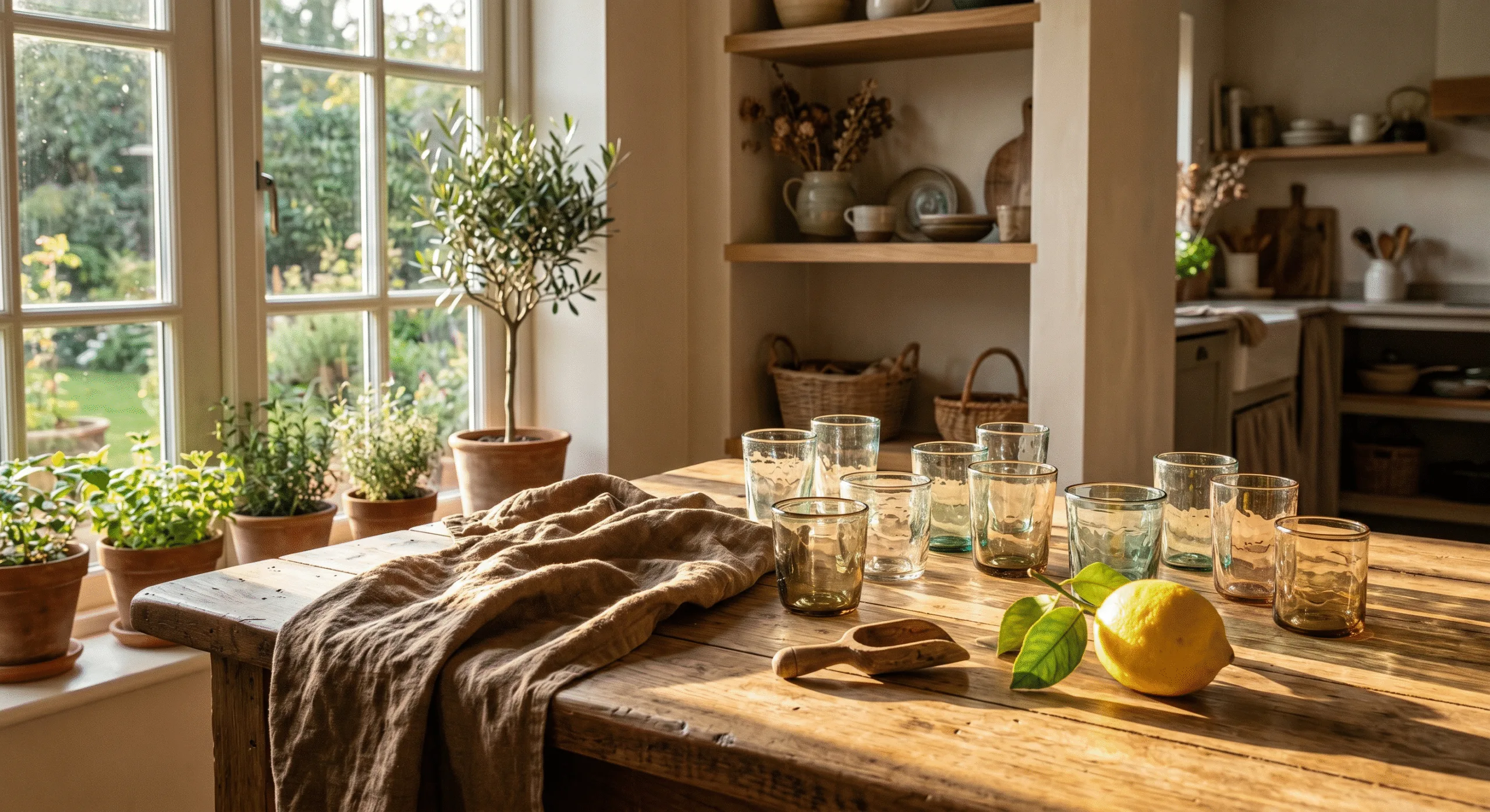 Handmade recycled glassware on rustic wooden table in sustainable home kitchen