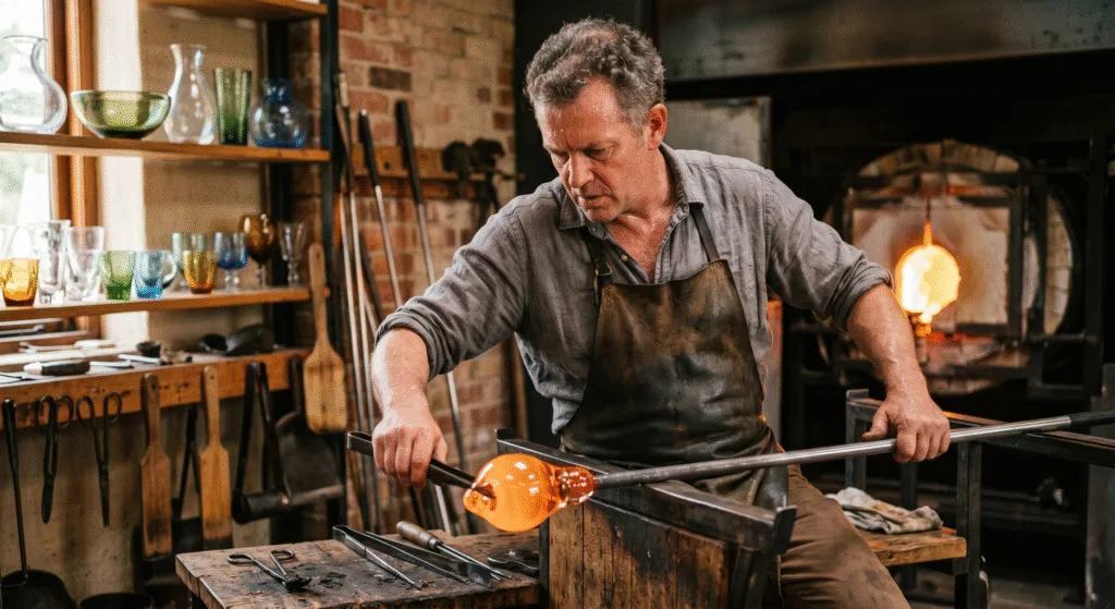 Artisan creating handmade glassware in traditional glass workshop