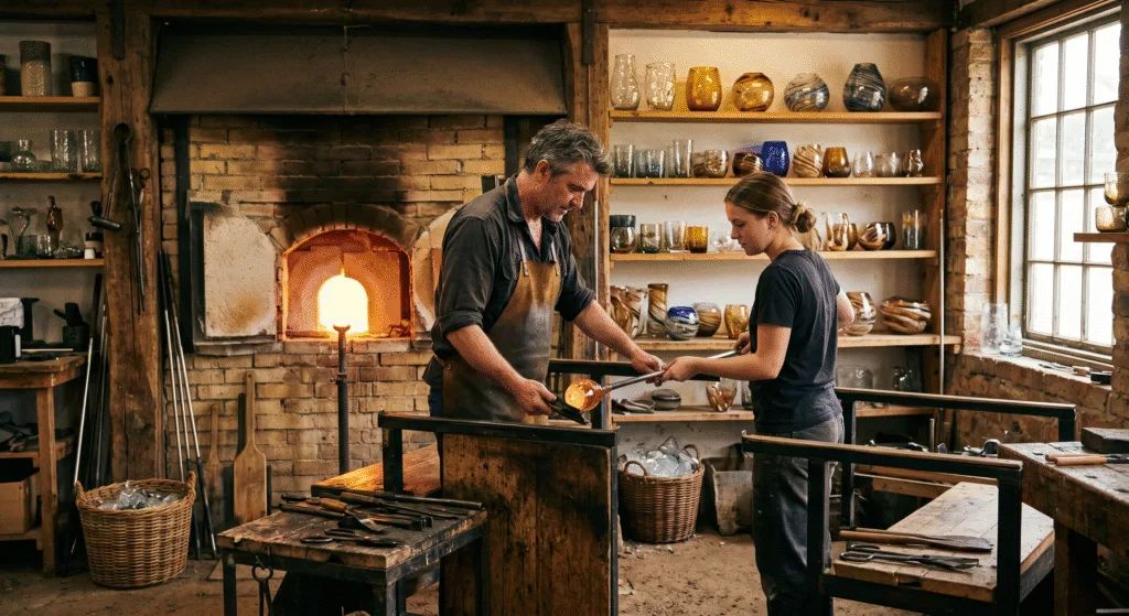 Glass artisans working together in handcrafted glass studio
