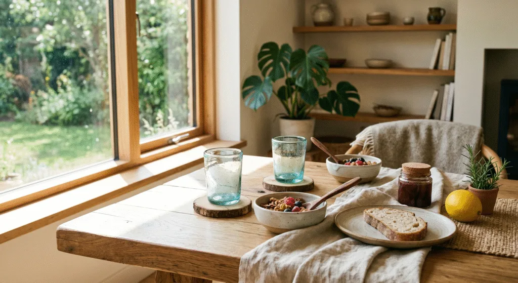 Reusable handmade glass cups on breakfast table in eco-friendly home