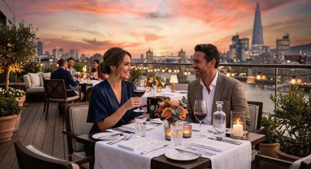 Luxury rooftop hotel dining experience with premium reusable glassware at sunset