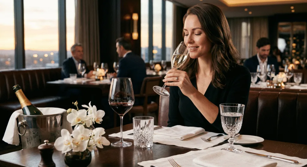 Luxury hotel guest enjoying premium glassware dining experience in elegant restaurant