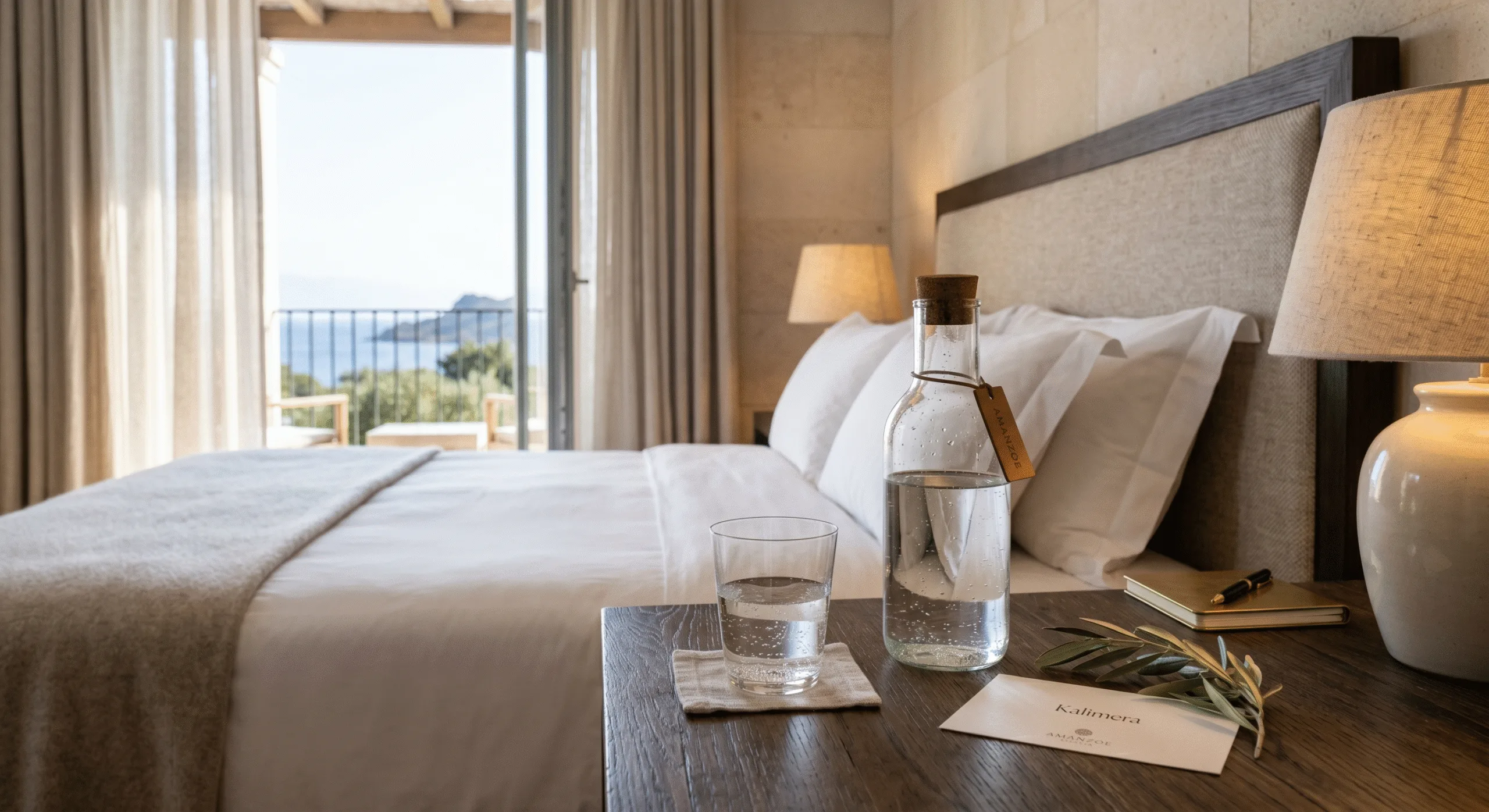 Luxury hotel bedside glass water set replacing plastic bottles with premium hospitality presentation