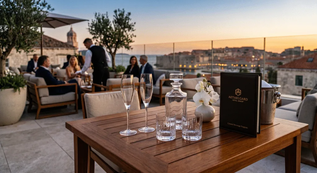 Luxury rooftop hotel terrace with premium glassware setup for guest experience