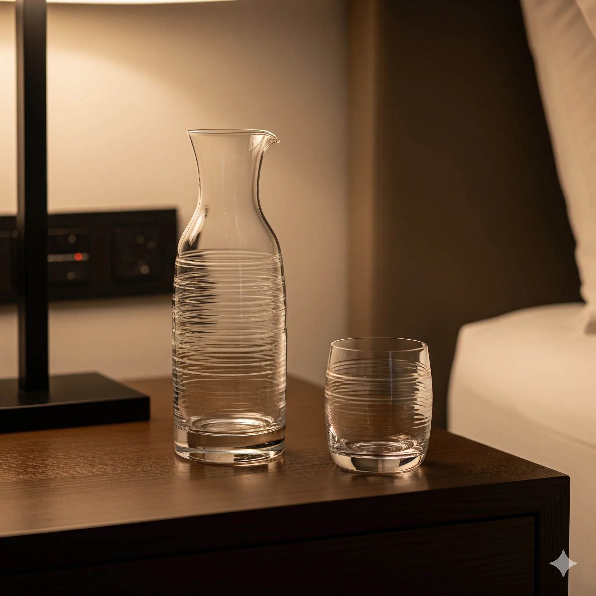 Hand-blown crystalline glass carafe set in luxury hotel room - Eukaglass