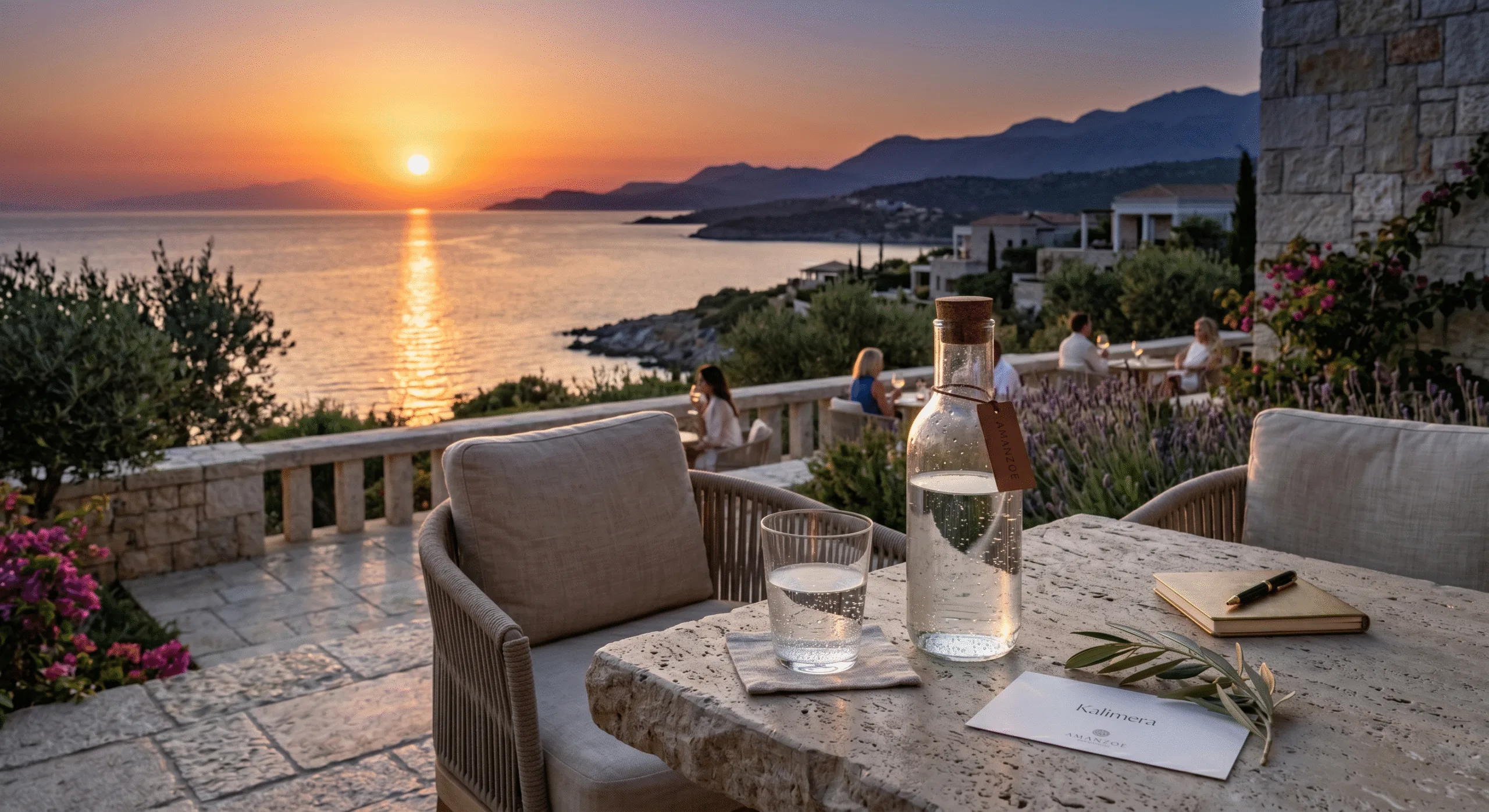 Luxury hotel terrace sunset scene with elegant reusable glassware and premium guest experience