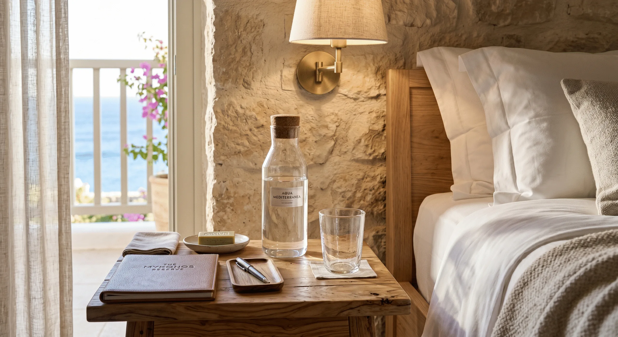 Luxury hotel bedside glass water set replacing plastic bottles