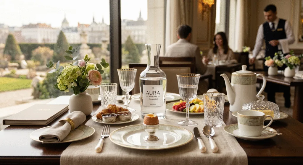 Luxury hotel breakfast table with reusable glass bottle and premium serviceware