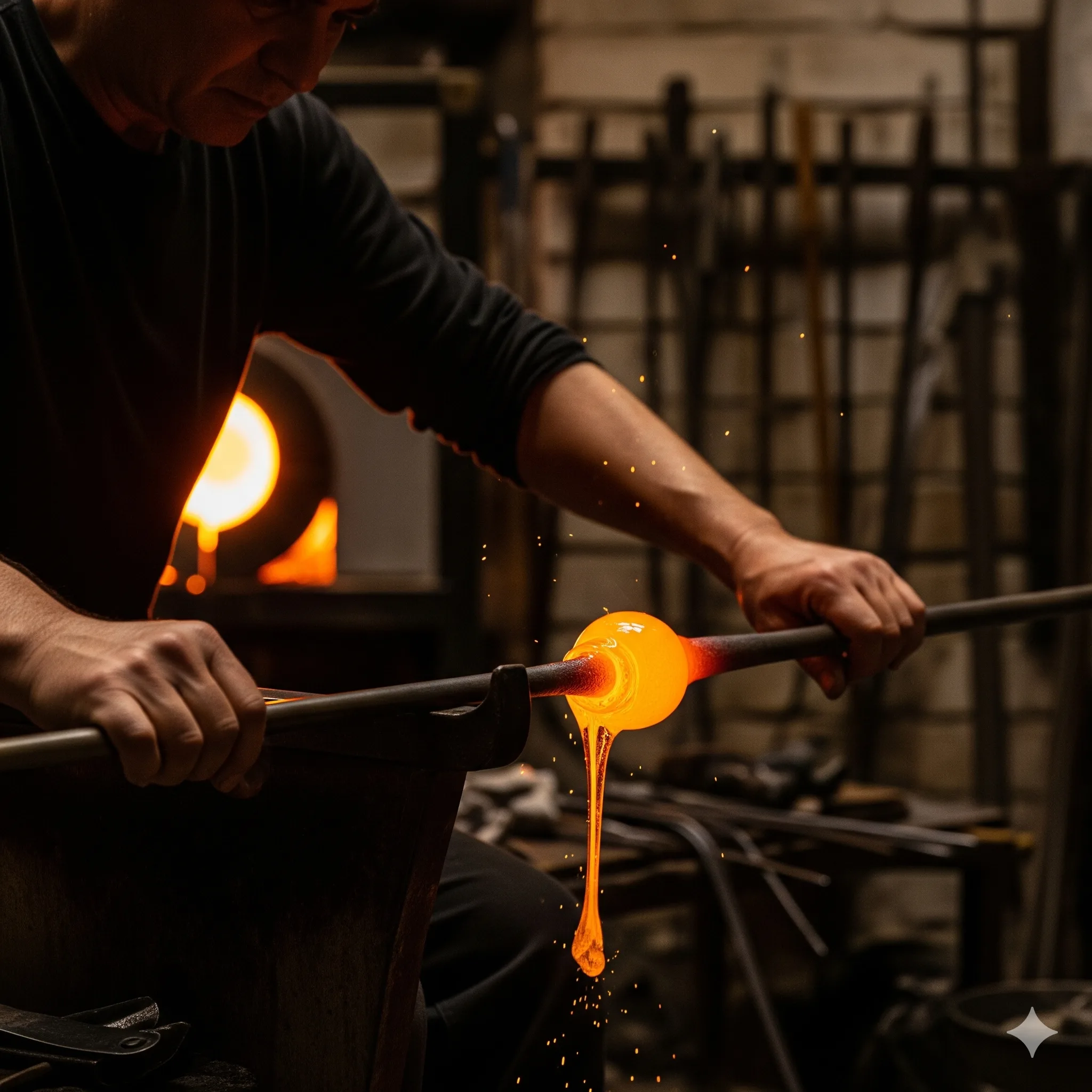 Master artisan hand-blowing glass for Eukaglass luxury hotel collection