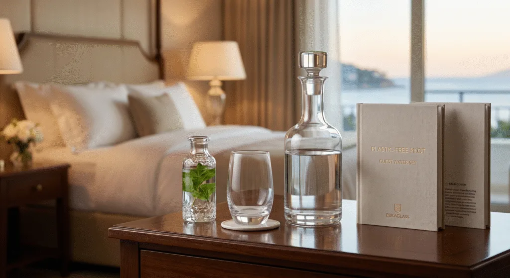 Plastic-free pilot guest water set in luxury hotel room with premium glass bottle