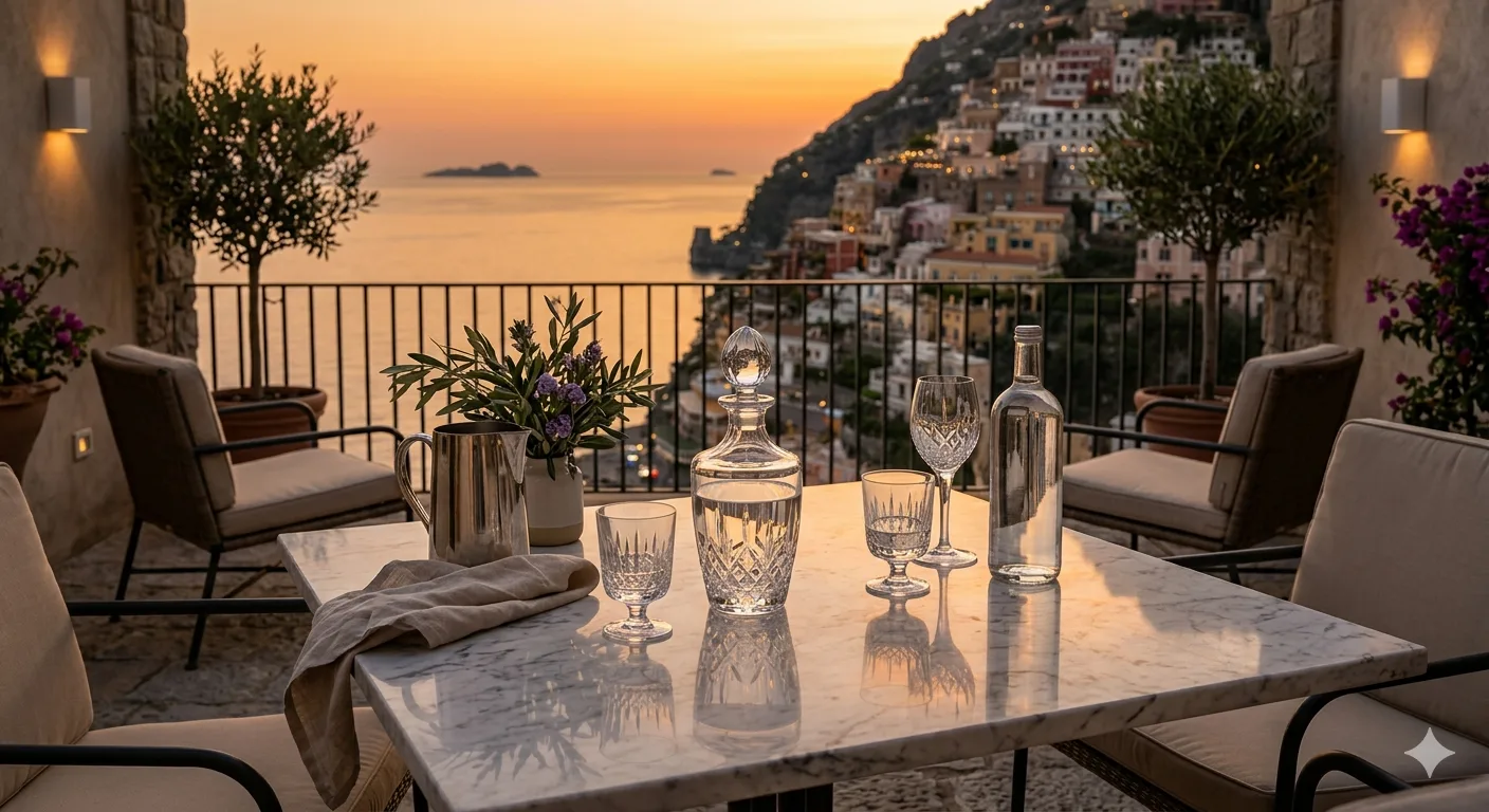 Luxury hotel terrace glassware at sunset Mediterranean resort