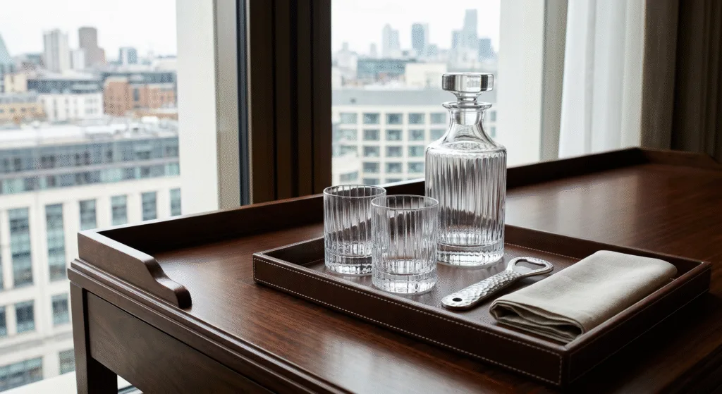 Consistent premium in-room glassware standard in luxury hotel suite