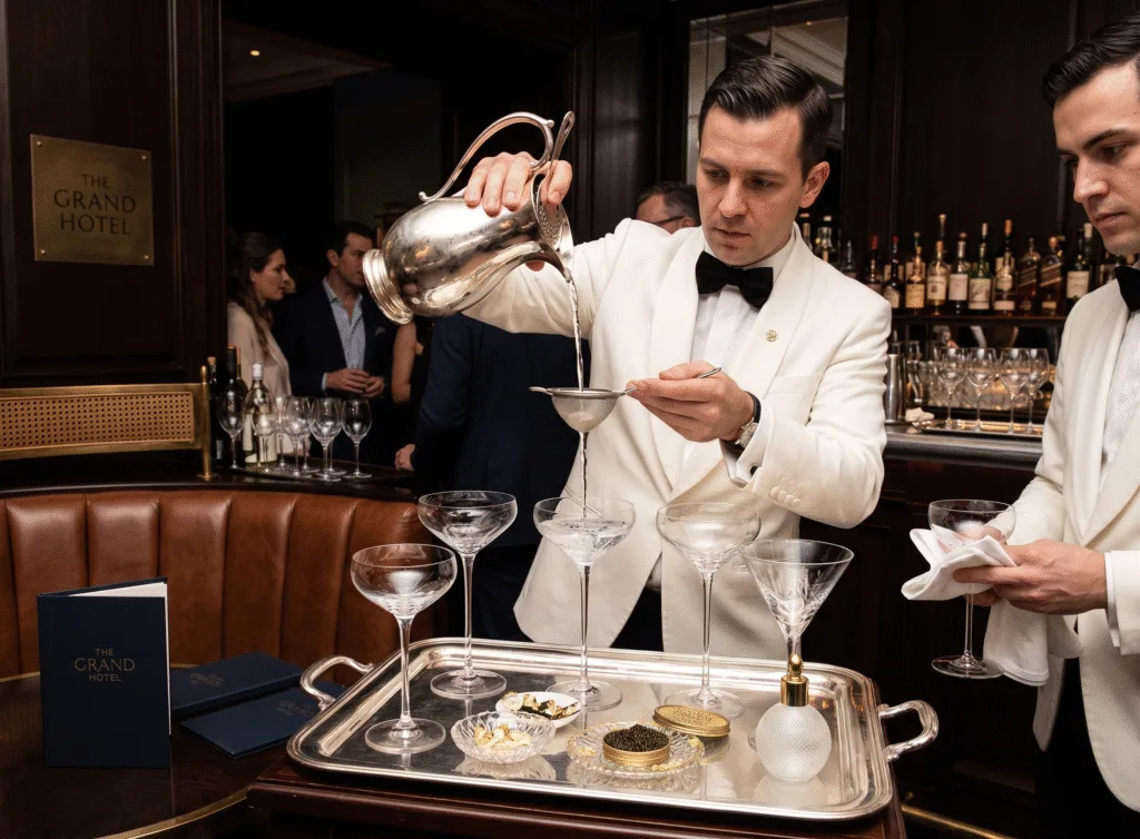 Luxury hotel signature cocktail ritual with elevated service