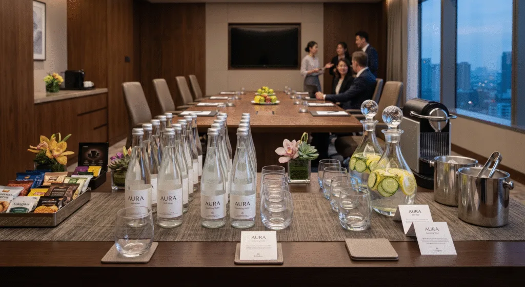 Corporate meeting beverage setup with reusable glass bottles and hospitality glassware