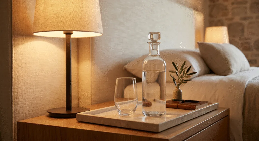 Luxury hotel bedside water service with reusable glass bottle and drinking glass