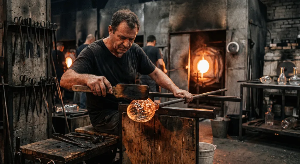 Experienced glass artisan shaping a handmade prototype during sample production