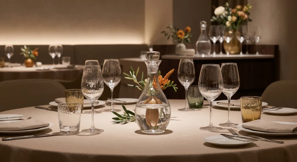 Premium restaurant table setting with reusable glassware and water service