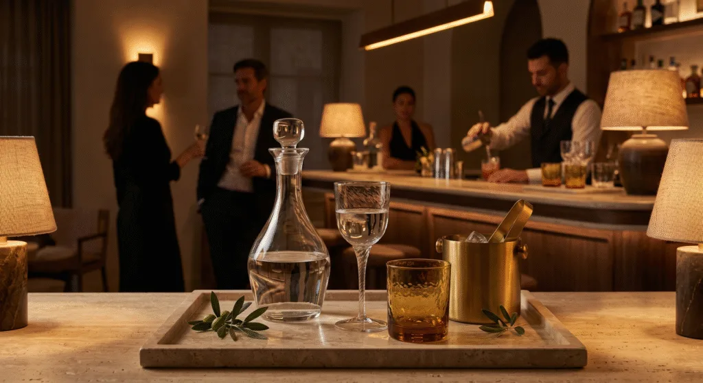 Luxury hotel bar presentation with premium reusable glassware and water service