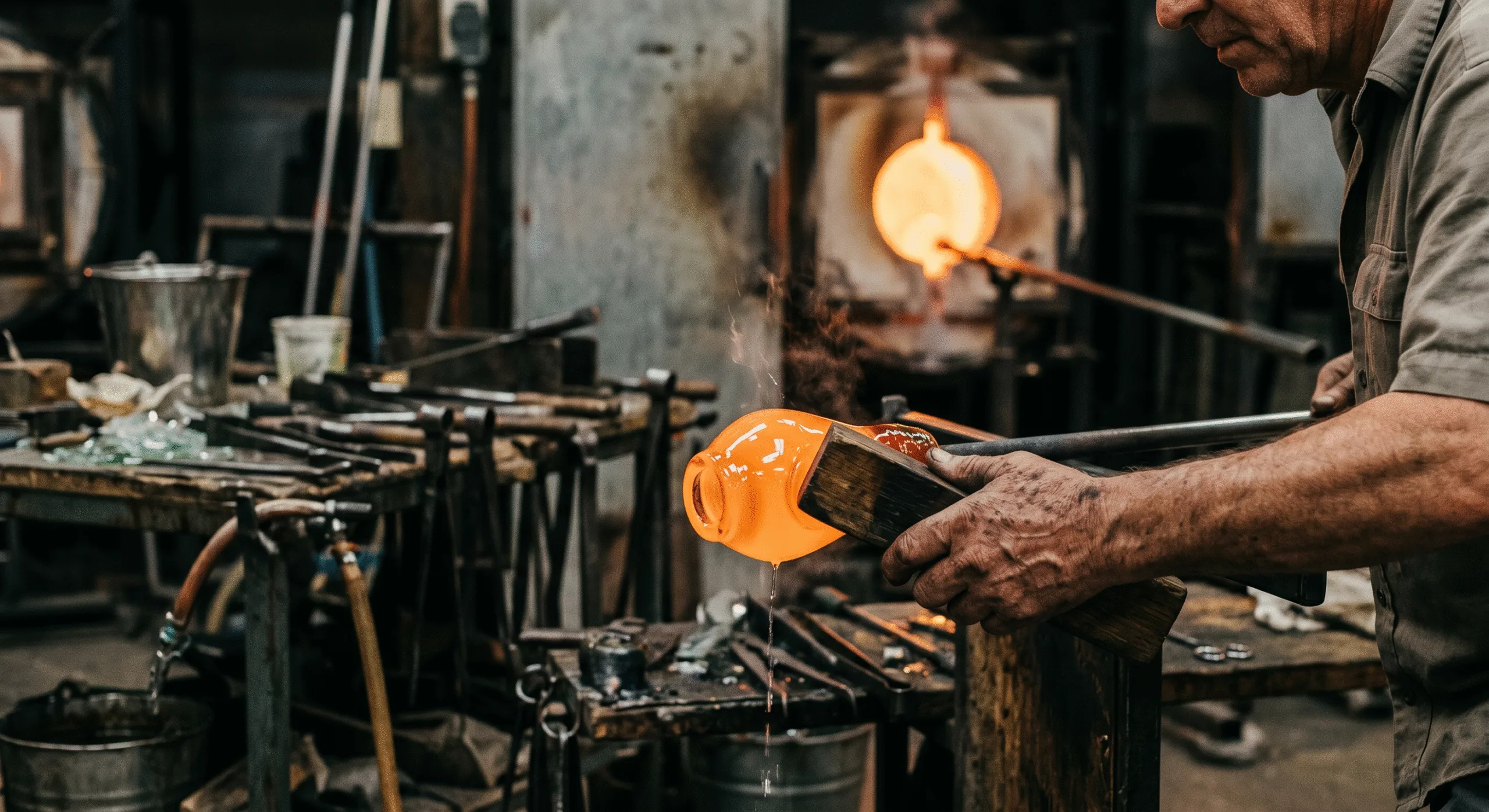 Handmade glassware production process with molten glass shaping in a hot workshop