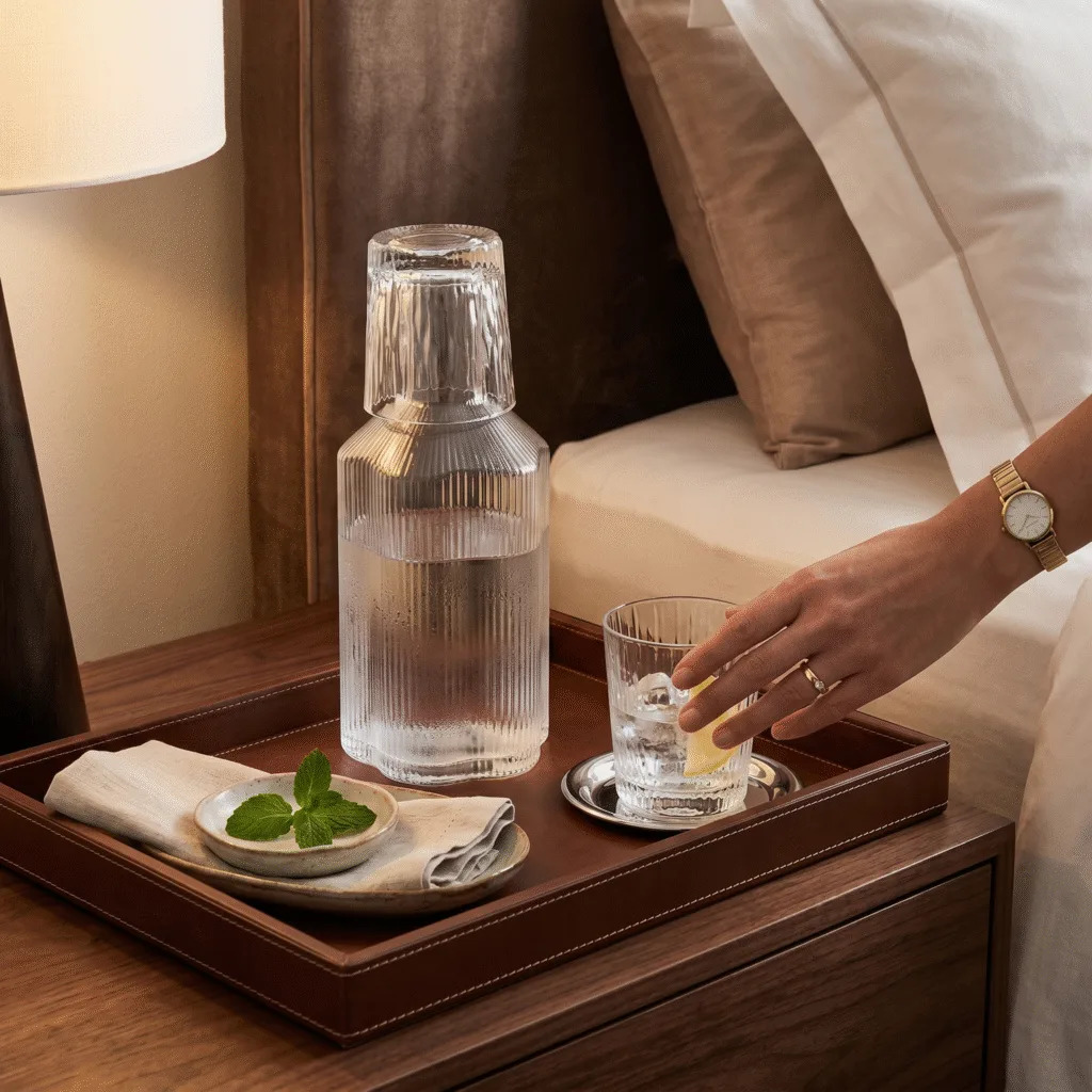 Luxury bedside water ritual showing premium tactile experience