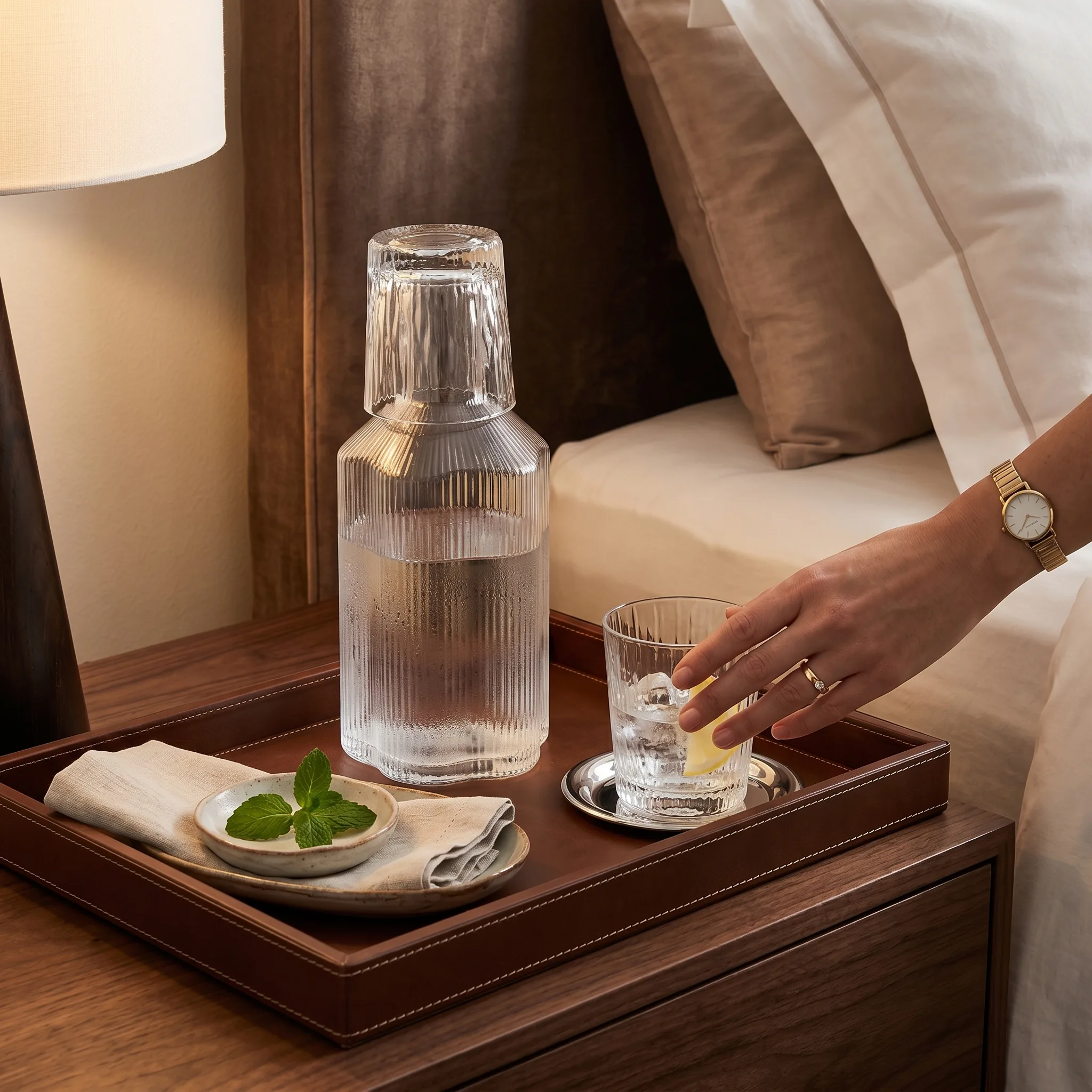 Luxury bedside water ritual showing premium tactile experience