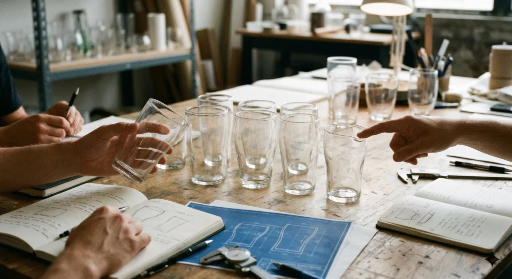 Designers and glass developers reviewing handmade glass prototypes during product development discussion