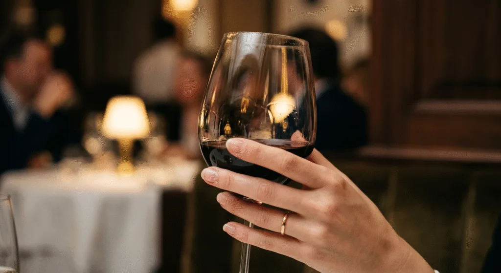 Hand holding a handmade wine glass in warm hospitality lighting