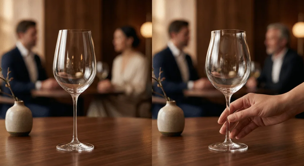 Comparison showing handmade wine glass details in a hospitality setting