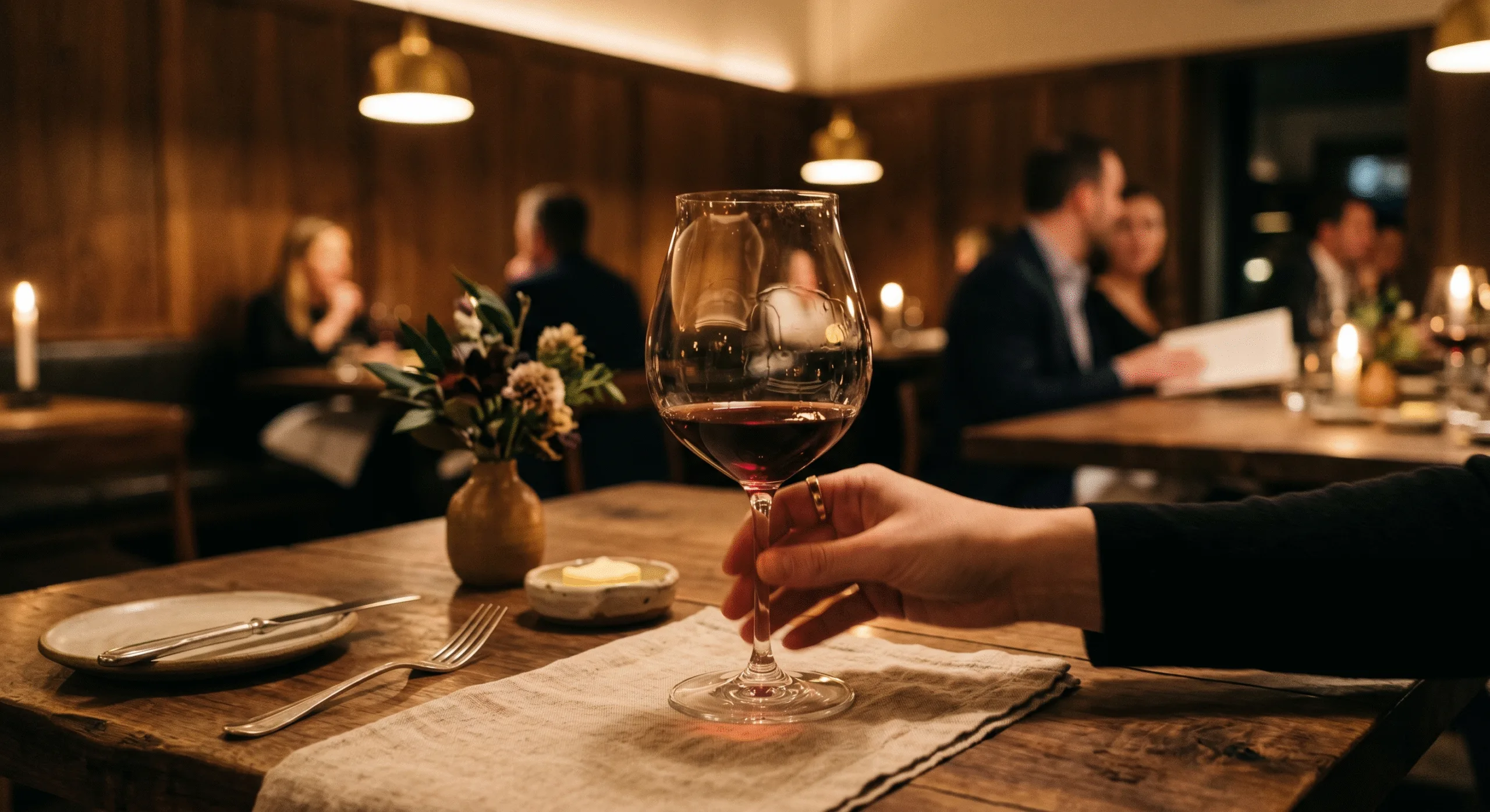 Handmade wine glass used in a premium hospitality restaurant environment