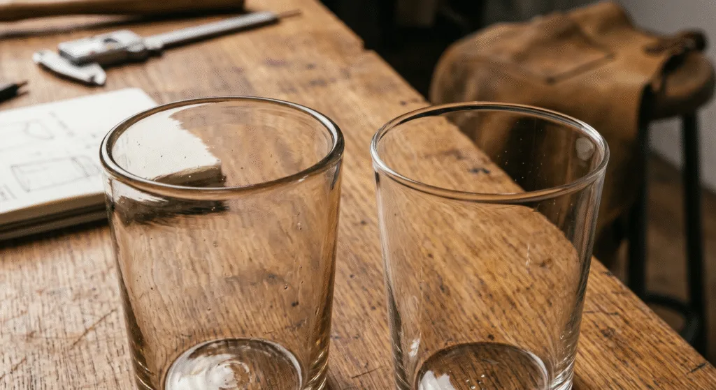 Comparing handmade glass prototypes to evaluate shape, proportion, and wall thickness differences