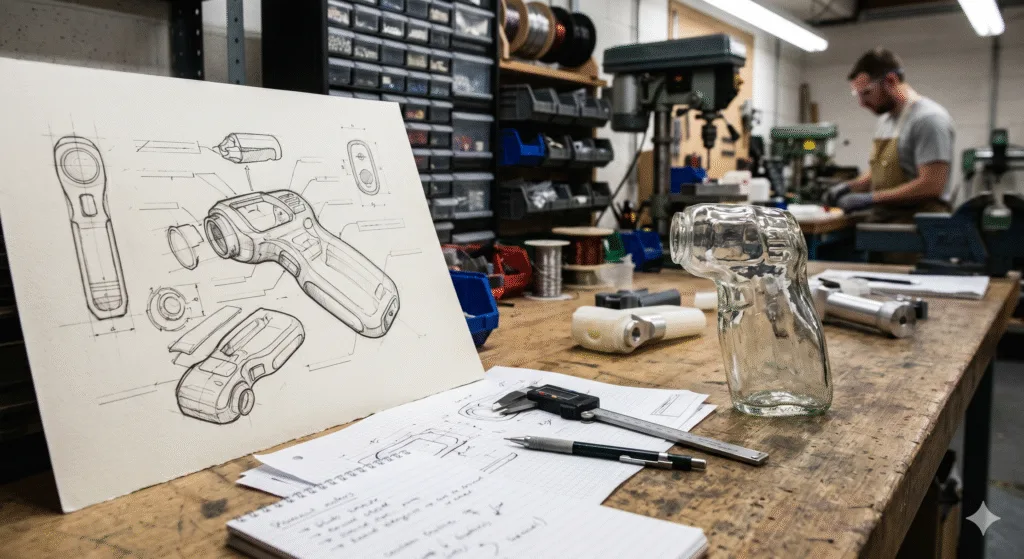 Product development drawing compared with a physical prototype