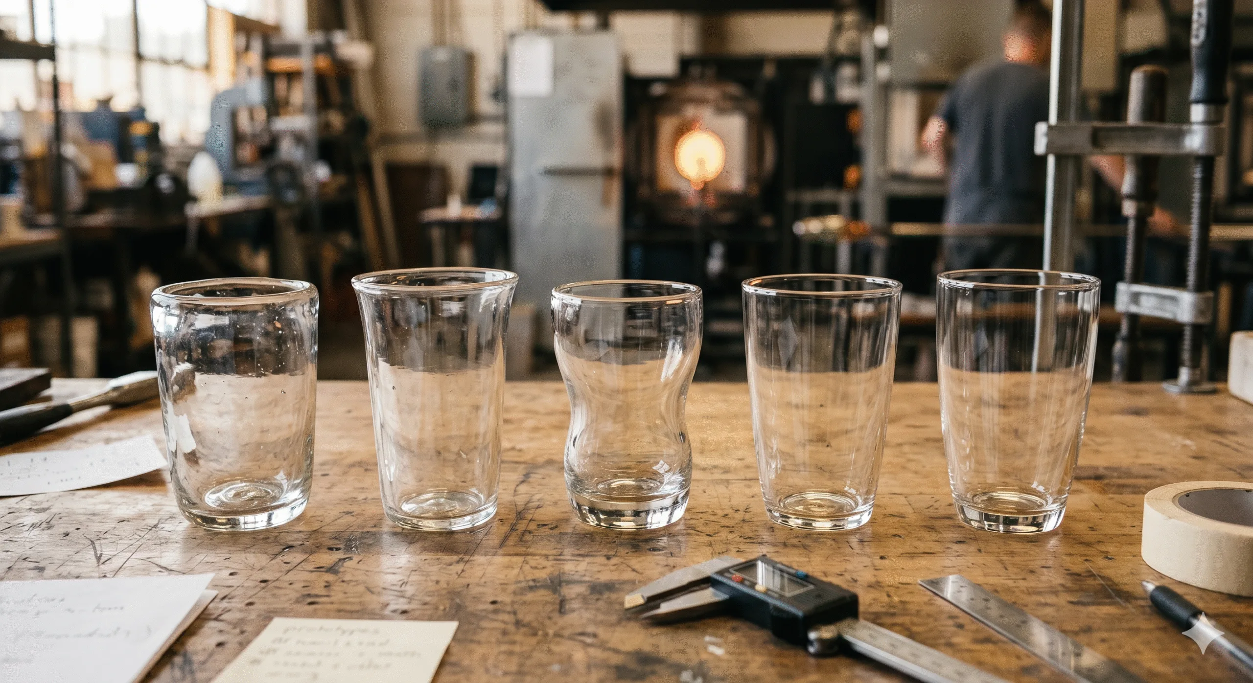 Multiple handmade glass prototypes evaluated before production scaling