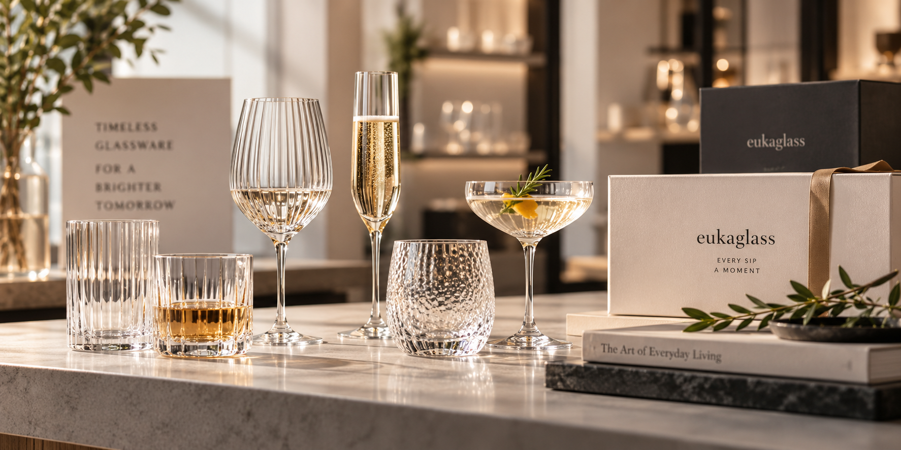 Branded glassware collection arranged for retail presentation