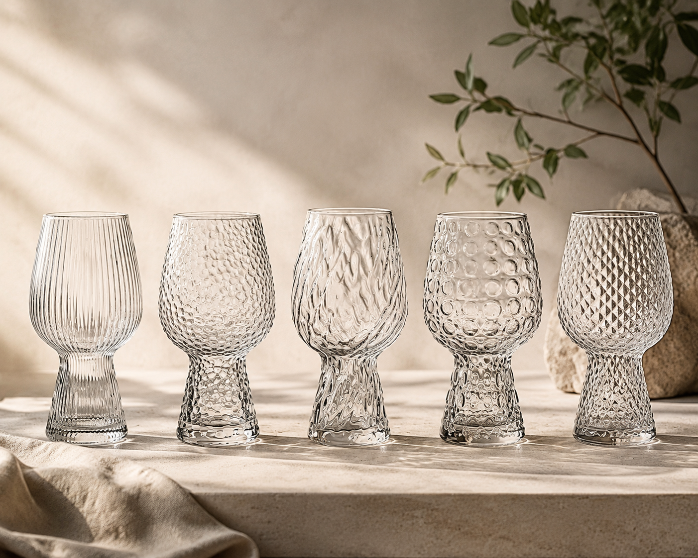 Textured glassware with decorative surface details